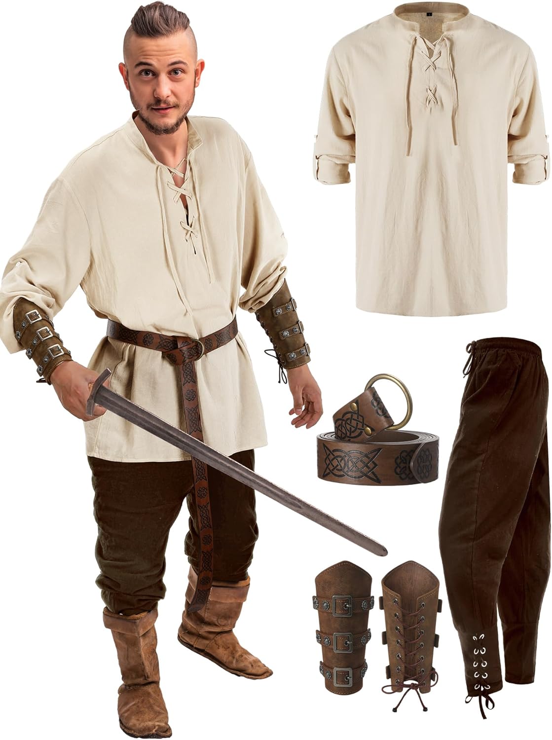 Jiuguva 4 Pcs Halloween Men's Renaissance Costume Set Medieval Pirate Shirt Ankle Banded Pants Viking Belt Accessories