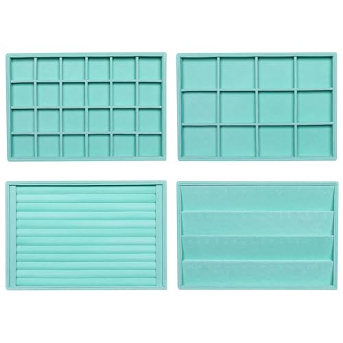 Frebeauty Stackable Velvet Jewelry Organizer Trays for Drawers Inserts Jewelry Storage Tray Display Case, Stud Earrings Bracelets Necklace Rings Accessories Trays for Women(Set of 4)(Turquoise)