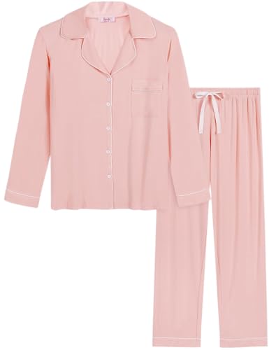 Joyaria Womens Bamboo Viscose Pajama Sets Long Sleeve Button Down Cooling Sleepwear Soft Comfortable Pj Pants Set for Women