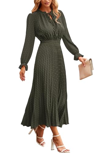 PRETTYGARDEN Women's 2025 Spring Fall Midi Dress Casual Long Sleeve V Neck Swiss Dot Pleated A Line Flowy Dresses