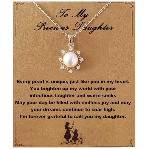 to My Beautiful Daughter Necklace, 2025 College High School Graduation Gifts for Her, Birthday Wedding Gifts for Daughter, Silver Sunflower Heart Freshwater Pearl Necklace