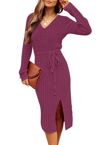 MEROKEETY Women's 2025 Fall Long Sleeve Bodycon Sweater Dress Winter V Neck Cable Knit Slit Midi Dresses