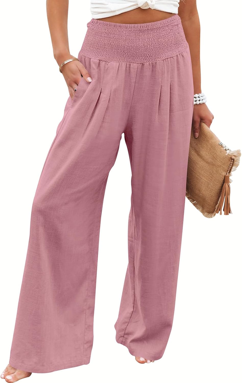 ANRABESS Women Linen Palazzo Pants Summer Boho Wide Leg High Waist Casual Lounge Pant 2025 Beach Travel Vacation Outfits