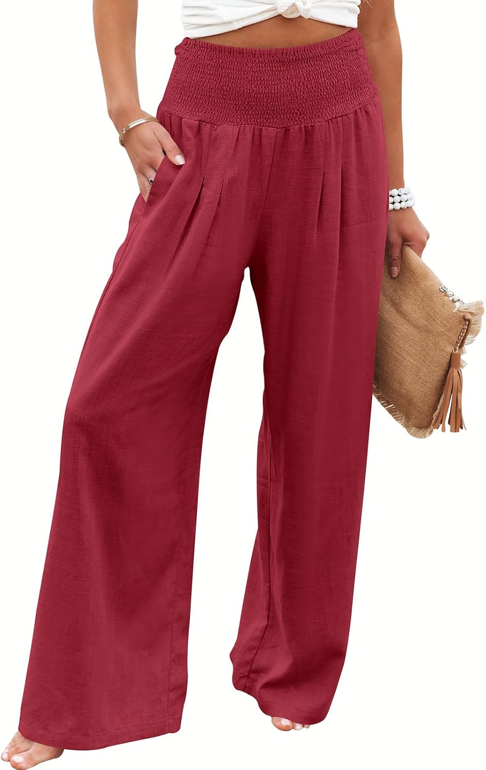 ANRABESS Women Linen Palazzo Pants Summer Boho Wide Leg High Waist Casual Lounge Pant 2025 Beach Travel Vacation Outfits