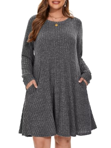 BELAROI Sweater Dress Plus Size Long Sleeve Ribbed Knit Crew Neck Casual Flowy Swing Tunic Pockets Dresses Fall Winter Oufits