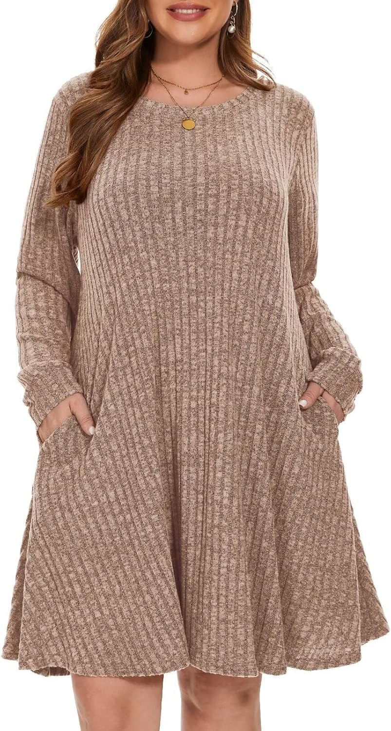BELAROI Sweater Dress Plus Size Long Sleeve Ribbed Knit Crew Neck Casual Flowy Swing Tunic Pockets Dresses Fall Winter Oufits