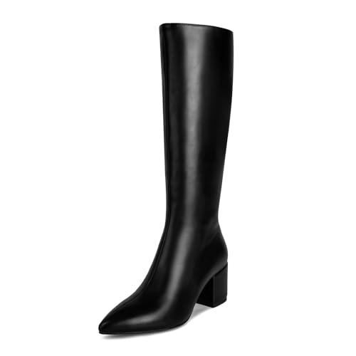 wetkiss Rhinestone/PU Low Chunky Pointed Toe Knee High Boots for Women with Full Bling Sparkly Crystals Booties for Wedding Party Date Dress