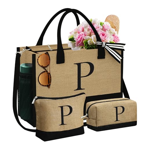 YOOLIFE Christmas Gifts for Women - Initial Jute Tote Bag & 2 Makeup Bags Personalized Gifts for Women Teacher Mom Friend