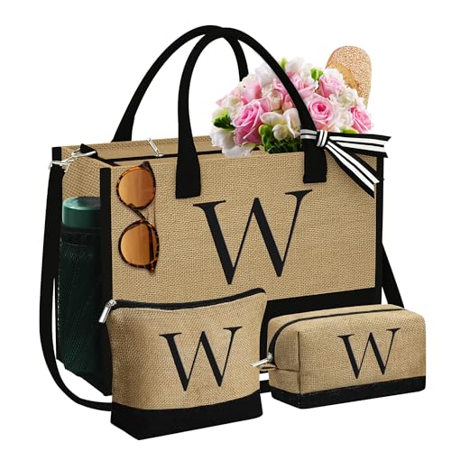 YOOLIFE Christmas Gifts for Women - Initial Jute Tote Bag & 2 Makeup Bags Personalized Gifts for Women Teacher Mom Friend