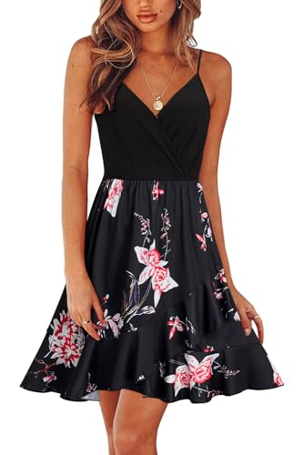 ULTRANICE Womens Summer Dresses Floral V Neck Ruffled Hem Spaghetti Spring Casual Beach Outfits Flowy Wrap Sun Dress