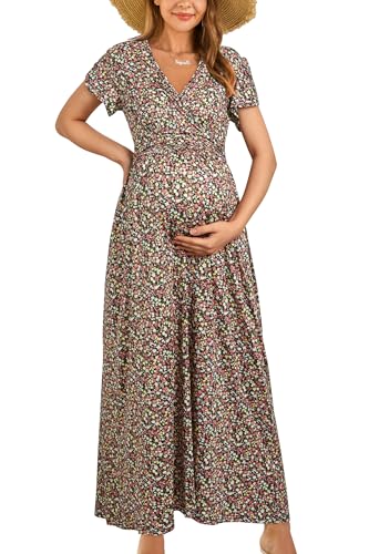 OUGES Maternity Maxi Dress V Neck Baby Wrap Summer Shower Pregnancy Dresses for Photoshoot 2025