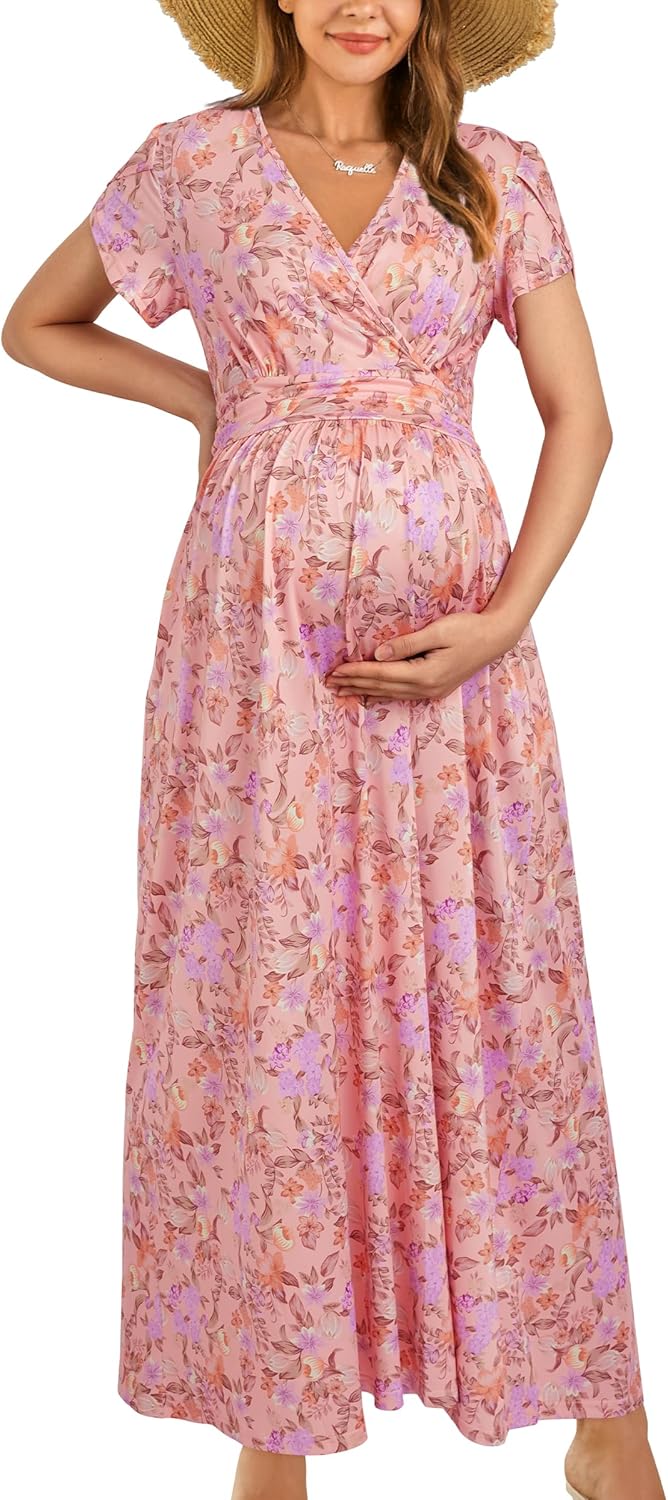 OUGES Maternity Maxi Dress V Neck Baby Wrap Summer Shower Pregnancy Dresses for Photoshoot 2025