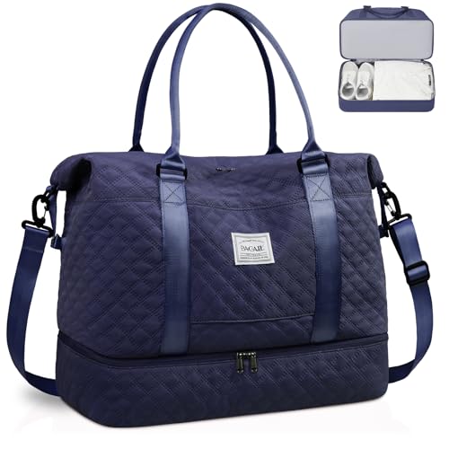 BAGAIL Travel Duffel Bag - Weekender & Overnight Gym Carry On Tote with Wet Pocket - Hospital Mom Bag for Labor and Delivery - Extra Large, Grid-Navy Blue