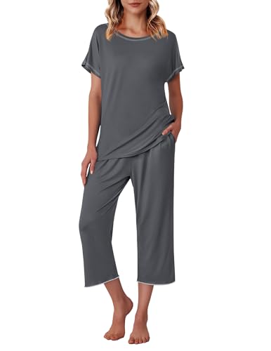 Ekouaer Women's Capri Pajama Sets Floral Print Short Sleeve Sleepwear Top and Capri Pants 2 Piece Loungewear with Pockets