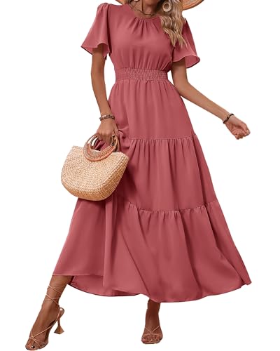PRETTYGARDEN Women's Summer Casual Short Flutter Sleeve Round Neck Smocked Waist Tiered Boho Floral Flowy Maxi Dress