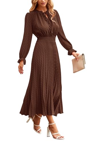 PRETTYGARDEN Women's 2025 Spring Fall Midi Dress Casual Long Sleeve V Neck Swiss Dot Pleated A Line Flowy Dresses