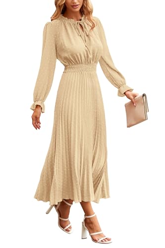 PRETTYGARDEN Women's 2025 Spring Fall Midi Dress Casual Long Sleeve V Neck Swiss Dot Pleated A Line Flowy Dresses