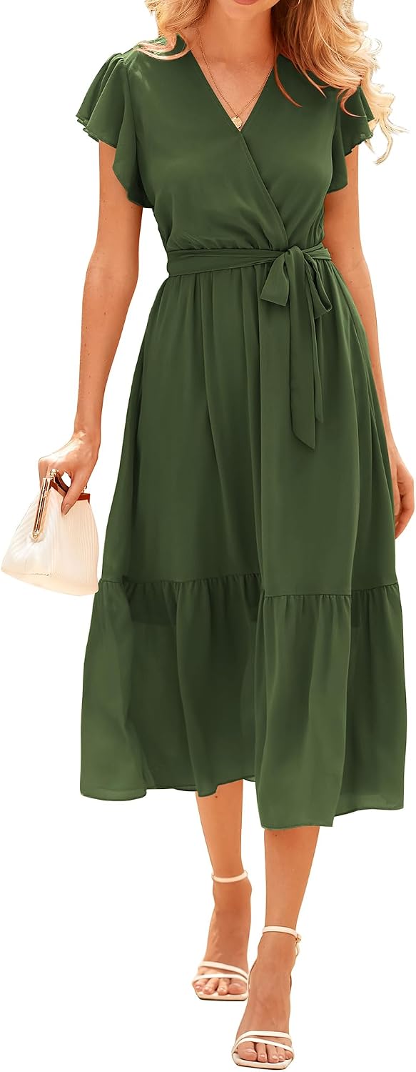 BTFBM Women Summer Bohemian Floral Casual Wrap V Neck Ruffle Cap Sleeveless Belt A-Line Pleated Hem Midi Sun Dress White