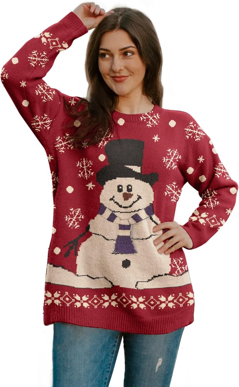 YESNO Women Christmas Sweater Graphic Printed Oversized Pullover Sweaters Casual Loose Knit Tops S01