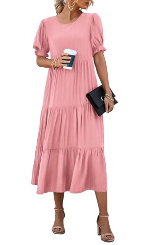 PRETTYGARDEN Summer Dresses for Women 2025 Casual Floral Boho Midi Sun Dress Puff Short Sleeve Flowy Beach Vacation Sundress