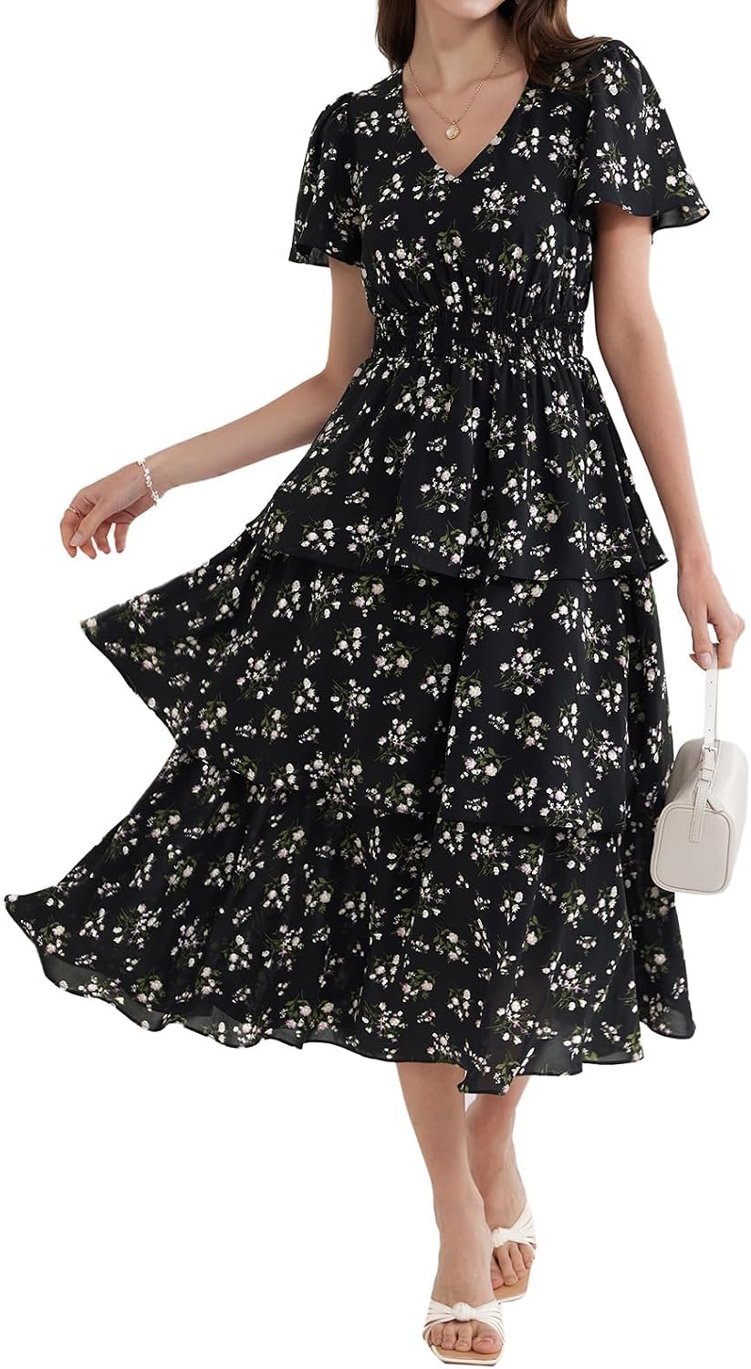 GRACE KARIN Floral Tiered Midi Dress (Premium)