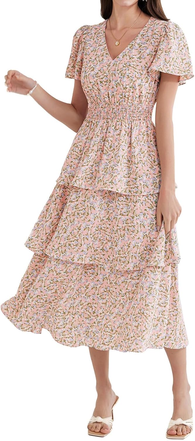 GRACE KARIN Floral Tiered Midi Dress
