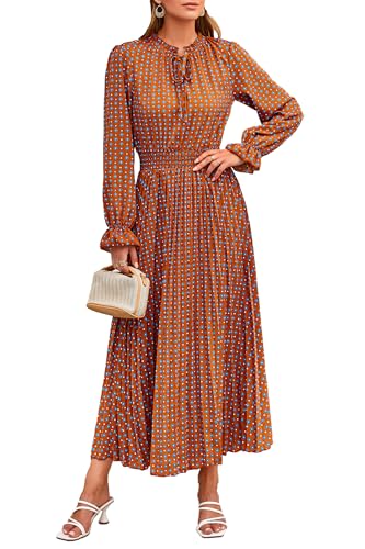 PRETTYGARDEN Women's 2025 Spring Fall Midi Dress Casual Long Sleeve V Neck Swiss Dot Pleated A Line Flowy Dresses