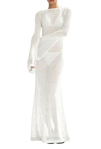 Saodimallsu Womens Crochet Cover Ups Long Sleeve Sexy Mesh Backless Knit Swimsuit Coverup Beach Maxi Dress