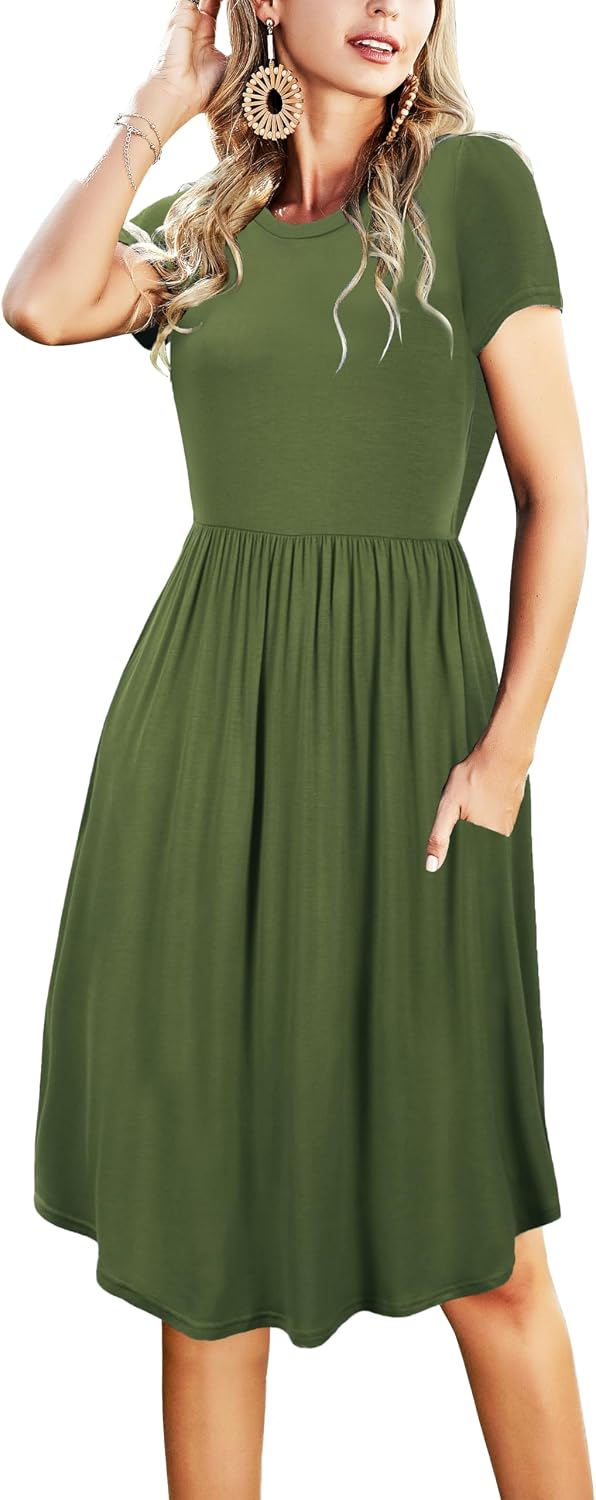 Simier Fariry Womens Summer Pocket Knee Length Teacher Casual Dress Knit Fit Flare Short Sleeve Midi Work Travel Outfits