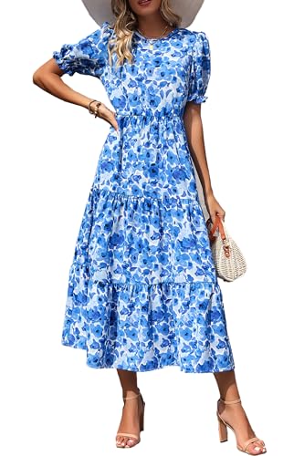 PRETTYGARDEN Summer Dresses for Women 2025 Casual Floral Boho Midi Sun Dress Puff Short Sleeve Flowy Beach Vacation Sundress
