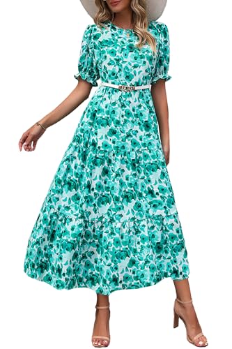 PRETTYGARDEN Summer Dresses for Women 2025 Casual Floral Boho Midi Sun Dress Puff Short Sleeve Flowy Beach Vacation Sundress