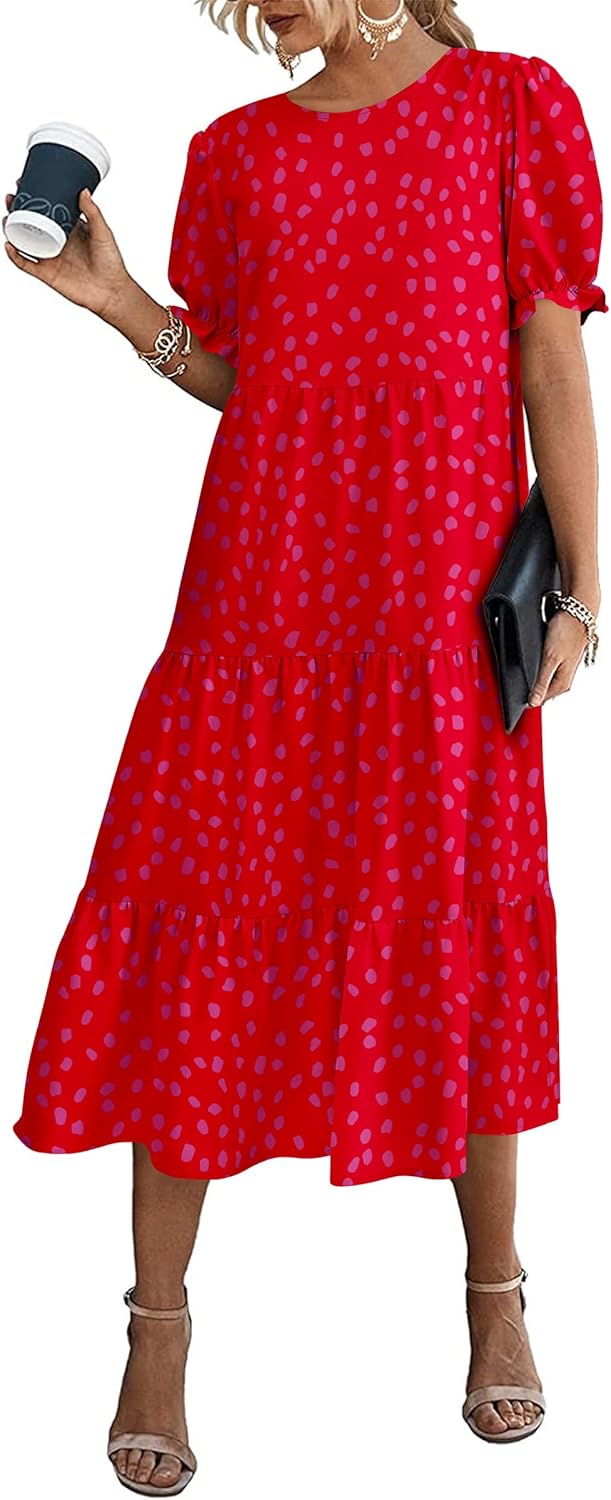 PRETTYGARDEN Summer Dresses for Women 2025 Casual Floral Boho Midi Sun Dress Puff Short Sleeve Flowy Beach Vacation Sundress