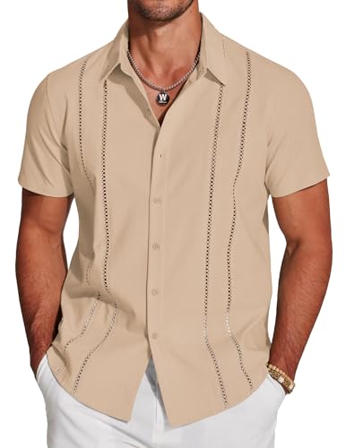 COOFANDY Men's Cuban Guayabera Shirt Short Sleeve Button Down Shirts Casual Summer Beach Linen Shirts