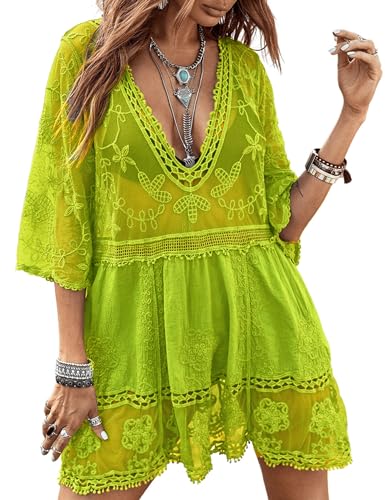 Eomenie Women's Contrast Lace Bathing Suit Cover Up V-Neck Swimsuit Coverups Loose Swimwear Beach Dress Beachwear