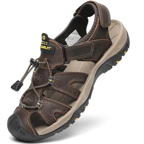 FLARUT Men's Sport Sandals Outdoor Hiking Sandals Closed Toe Leather Athletic Lightweight Trail Walking Casual Sandals Water Shoes