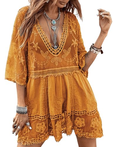 Eomenie Women's Contrast Lace Bathing Suit Cover Up V-Neck Swimsuit Coverups Loose Swimwear Beach Dress Beachwear