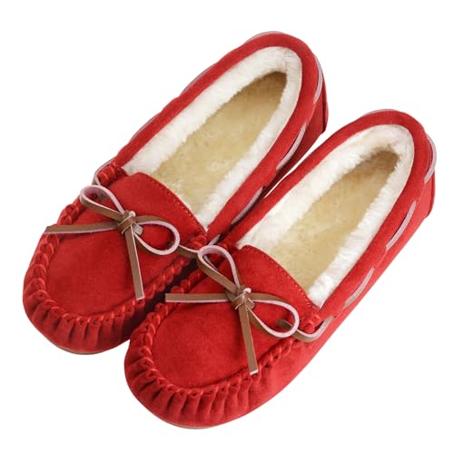 Vonair Women's Moccasin Slippers Micro Suede Warm Faux Fur Pile Lined Lace-Up Cozy Bow Indoor & Outdoor Moccasins Slip On Loafers Shoes for Women