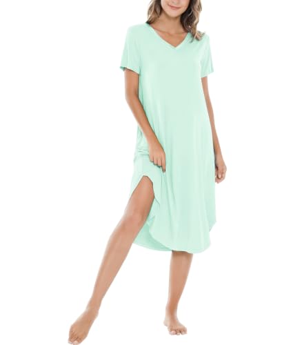 NACHILA Nightgowns for Women-Viscose Made from Bamboo, V Neck Sleepshirts Short Sleeve Sleepwear Cool Nightshirt