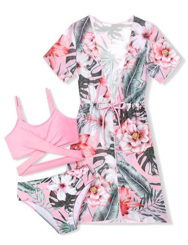 Girls Swimsuit 3 Piece Tropical Print Bikini Set Criss Cross Bathing Suit with Drawstring Quick Dry Cover Up 7-16Y