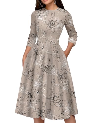 Simple Flavor Women's Floral Vintage Dress Elegant Midi Evening Dress 3/4 Sleeves