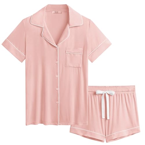 Joyaria Womens Cooling Bambo Viscose Pajamas Short Sleeve Button Down Pj Shorts Set Ultra Soft Summer Sleepwear-Small-XXL