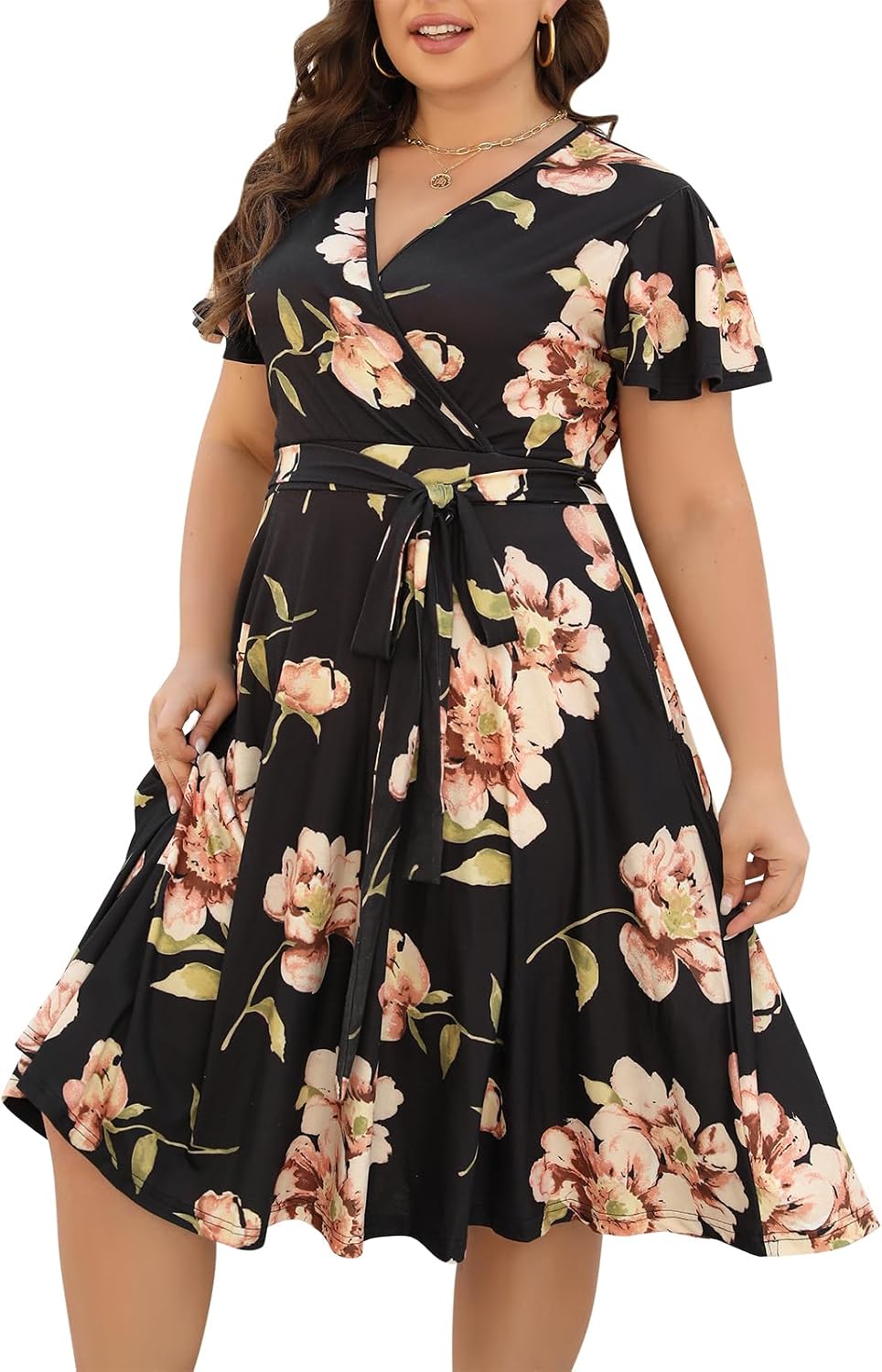 Nemidor Plus Size Dresses for Curvy Women Casual Summer V Neck Short Sleeve Midi Cocktail Vintage Dress with Pocket