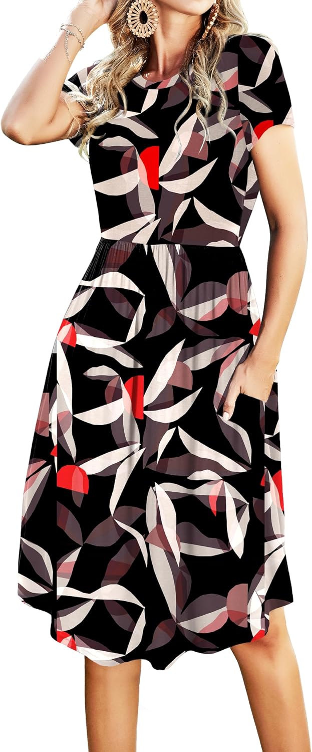Simier Fariry Womens Summer Pocket Knee Length Teacher Casual Dress Knit Fit Flare Short Sleeve Midi Work Travel Outfits