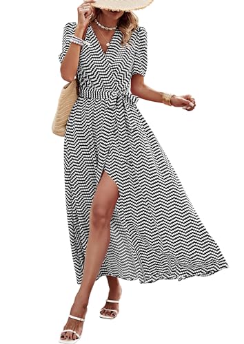 PRETTYGARDEN Women's Summer Maxi Dress Casual Wrap Floral Boho Short Sleeve V Neck Split Ruffle Beach Long Dresses