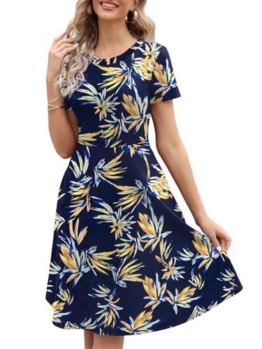 Women's Elegant Knee Length Dresses Vintage 50s Office Casual Floral Print Work Party A-Line Swing Dress with Pockets 162