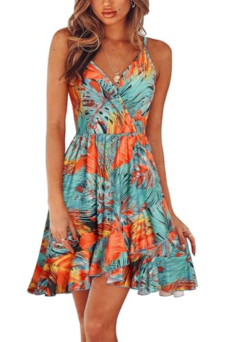 ULTRANICE Womens Summer Dresses Floral V Neck Ruffled Hem Spaghetti Spring Casual Beach Outfits Flowy Wrap Sun Dress
