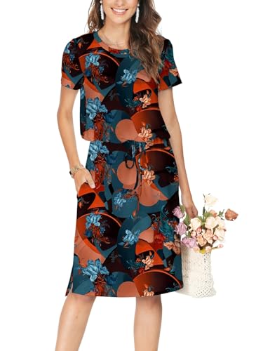 Simier Fariry Womens Summer Hide Belly Knee Length Travel Dress Pocket 2025 Short Sleeve Midi Work Casual Teacher Outfit