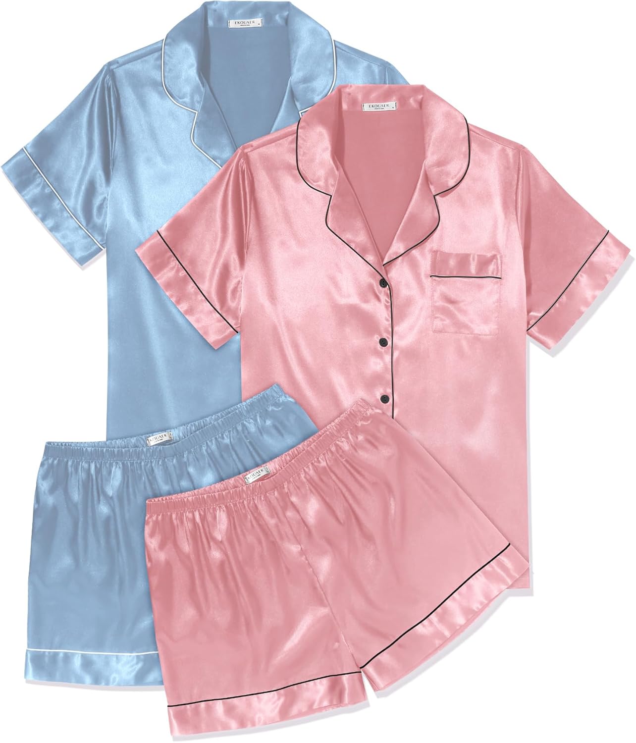 Ekouaer 2 Pack Pajama Sets for Women Silk Satin Pj Short Sleeve Button Down Sleepwear Top and Shorts Summer Lounge Set S-XXL