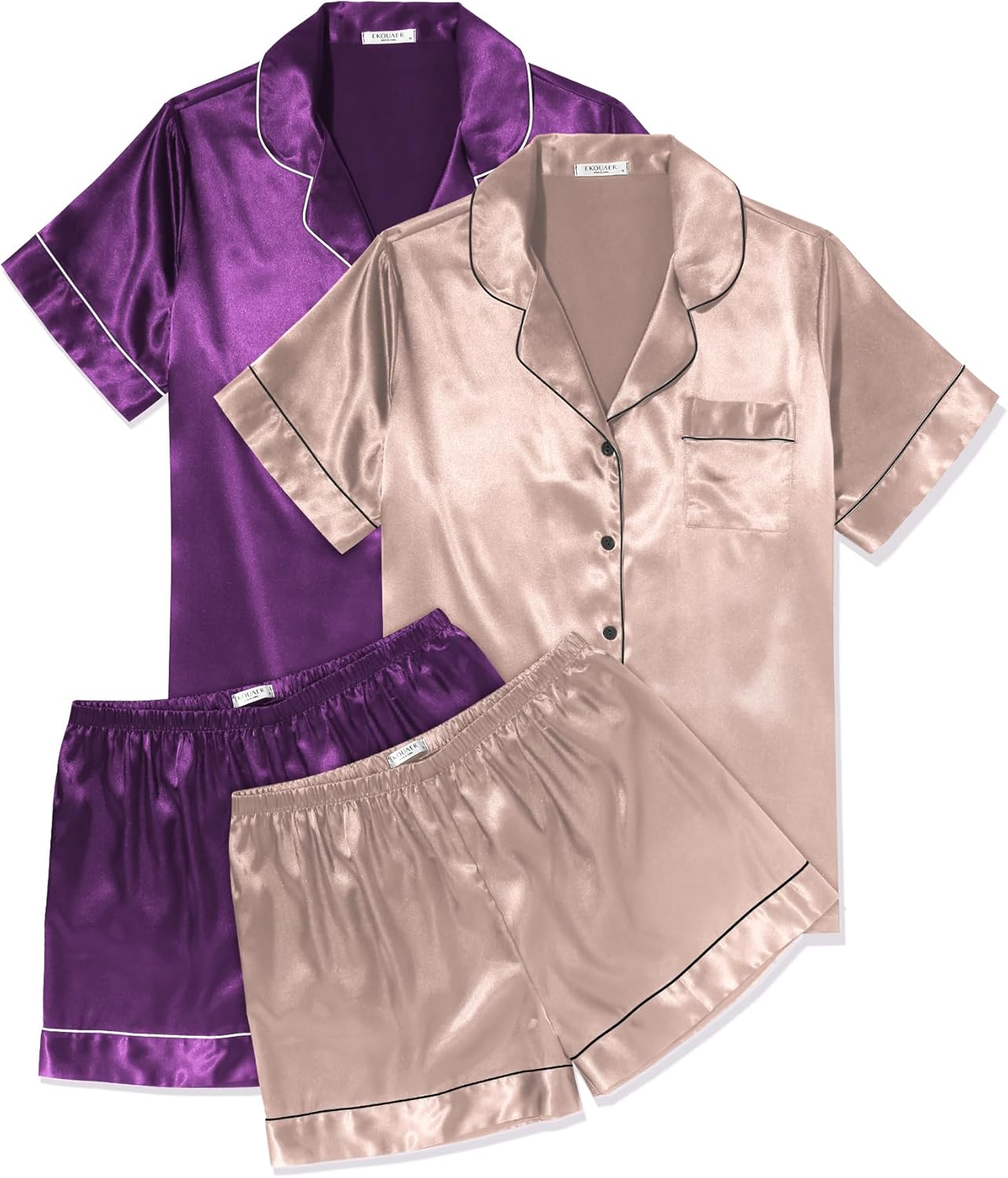 Ekouaer 2 Pack Pajama Sets for Women Silk Satin Pj Short Sleeve Button Down Sleepwear Top and Shorts Summer Lounge Set S-XXL
