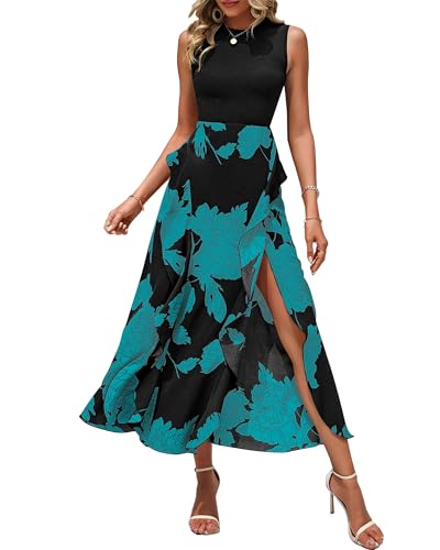 BTFBM Women Casual Sleeveless Summer Dresses 2025 Spring Crewneck Patchwork Boho Floral Ruffle Cocktail Party Midi Dress